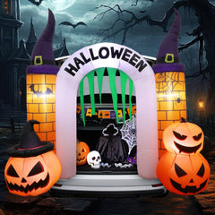 ojustbeok front view of pumpkin castle arch showcasing festive glow and curb appeal