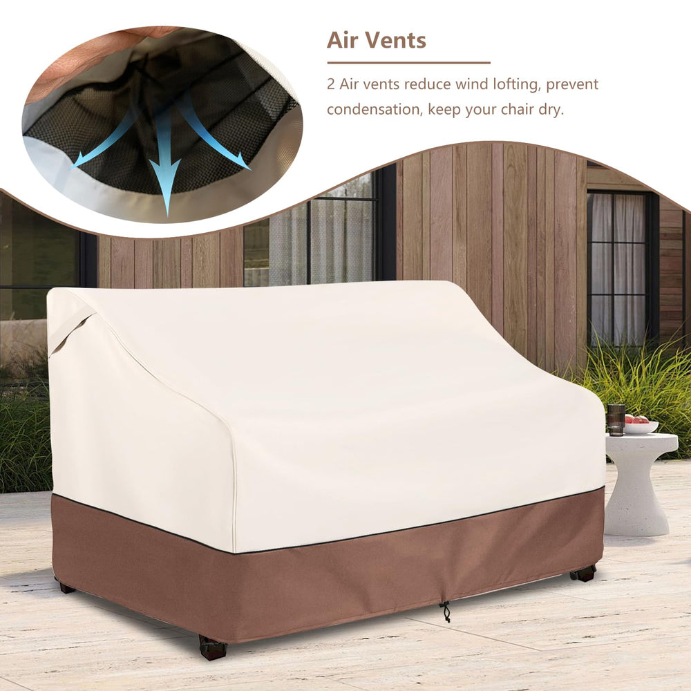 okcool cover installed on patio sofa in outdoor setting, demonstrates weather protection