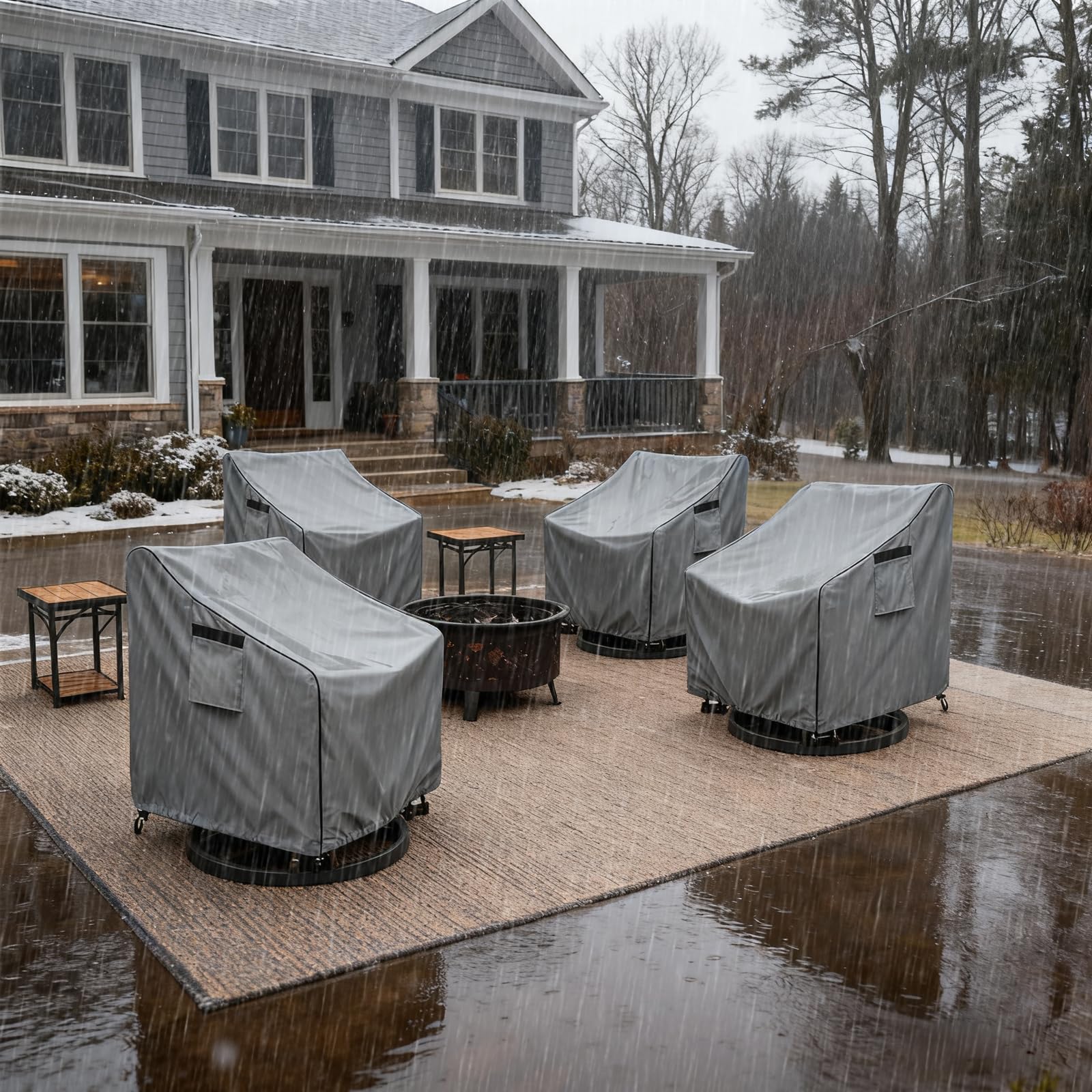 okcool cover fitted on outdoor swivel chair protecting from weather