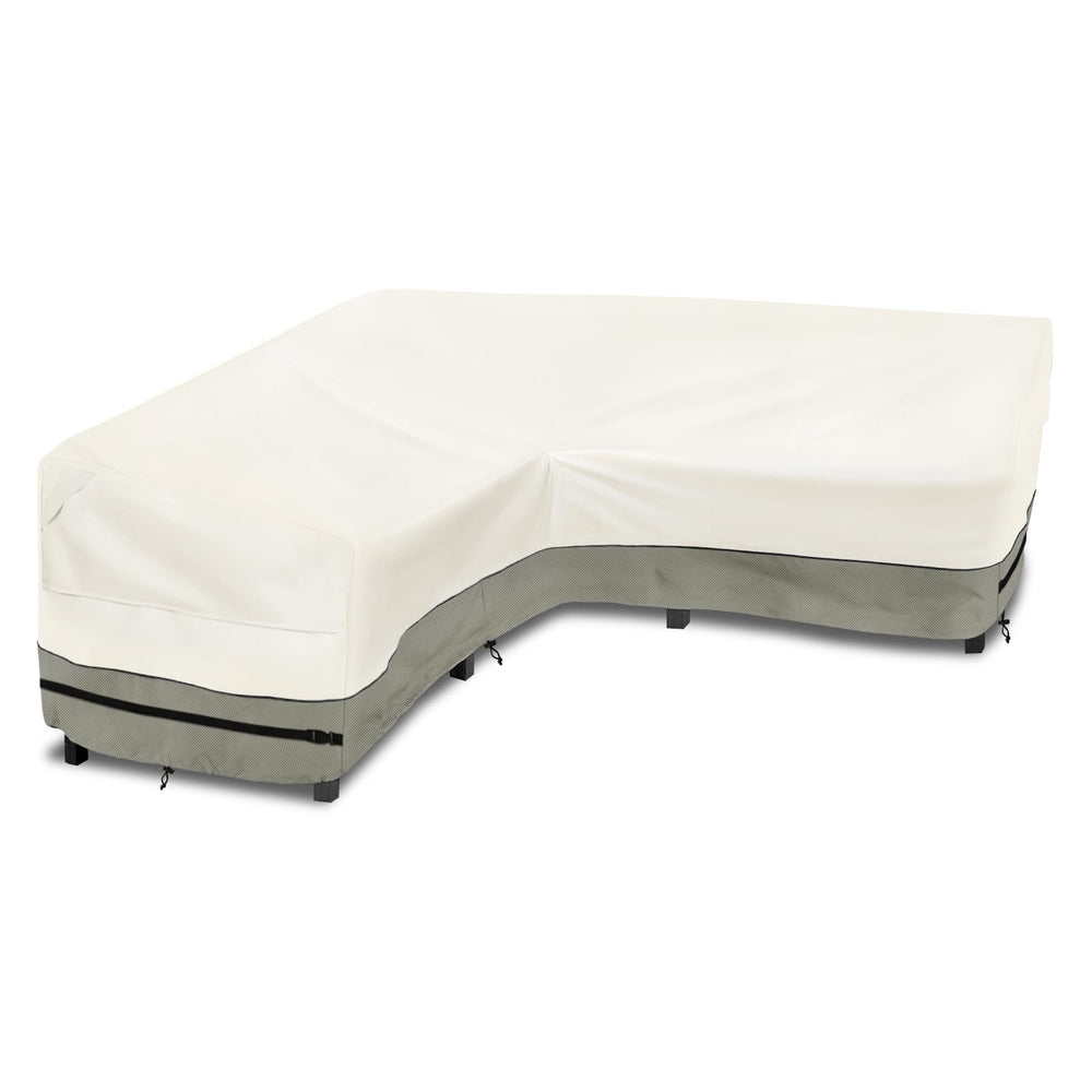 okcool front view of covered V-shaped sectional showing full protection