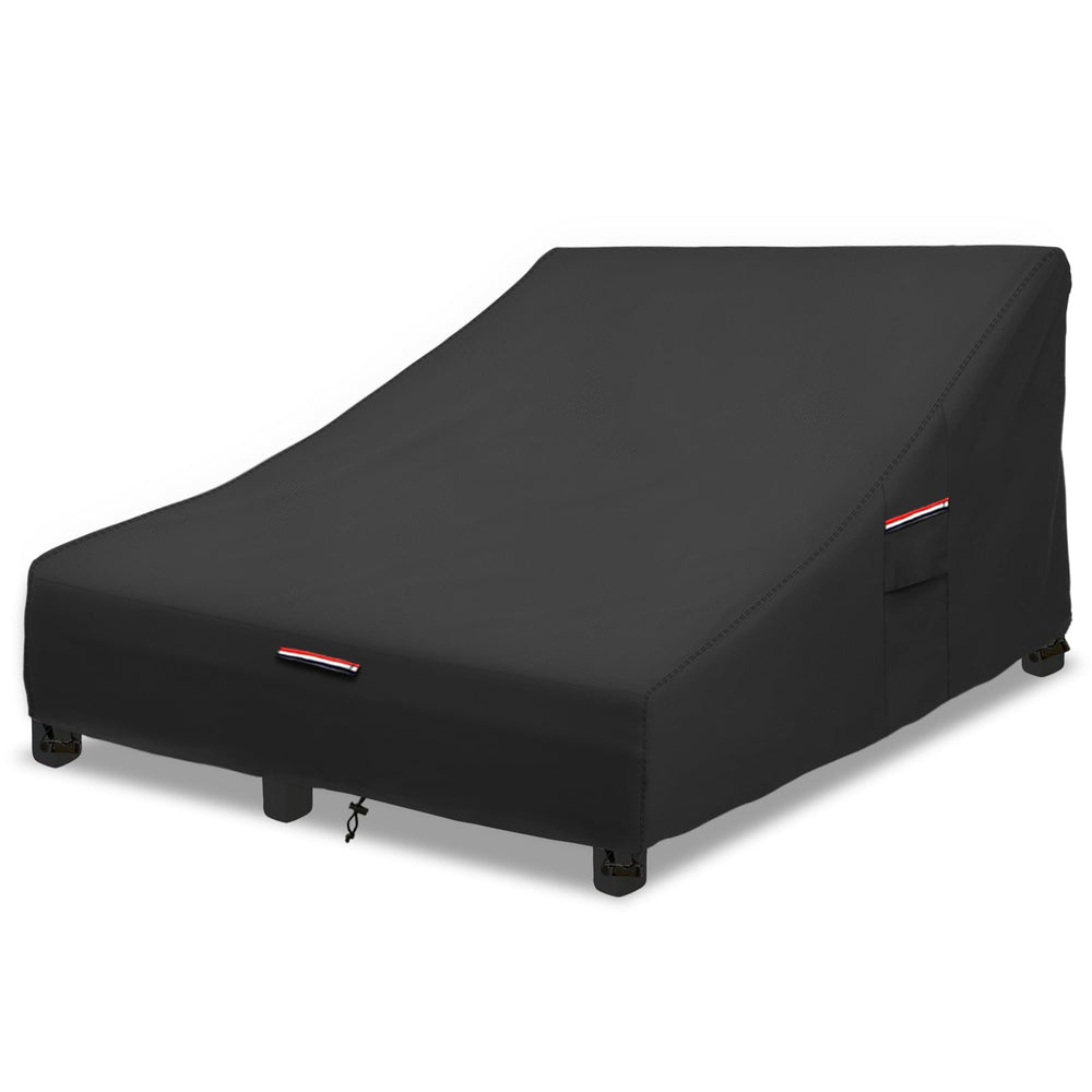 Okcool front view showing full double chaise cover protecting furniture