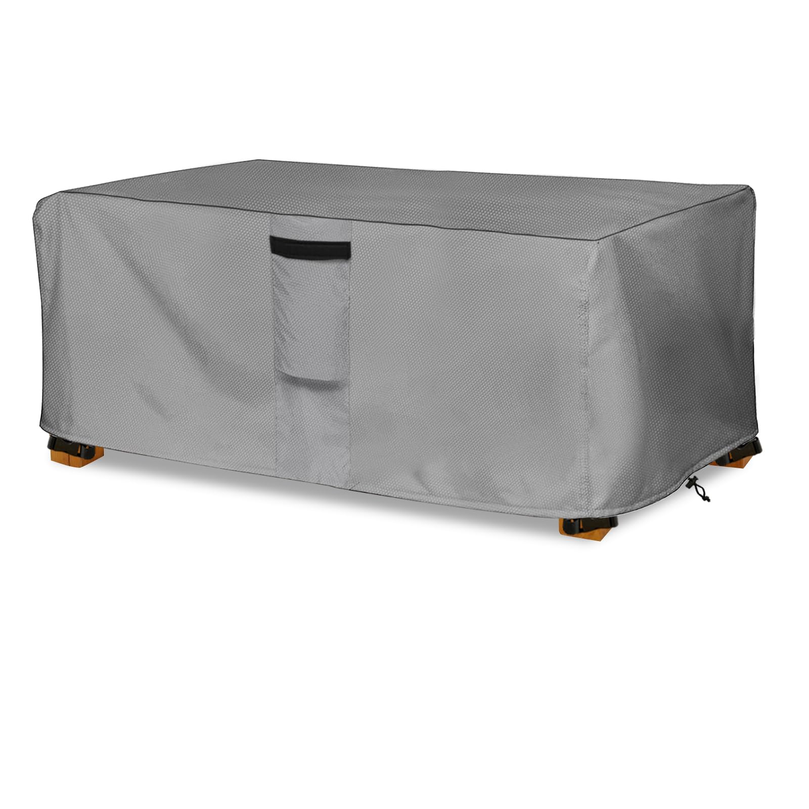 okcool front view of grey rectangular cover protecting table, prevents weather damage