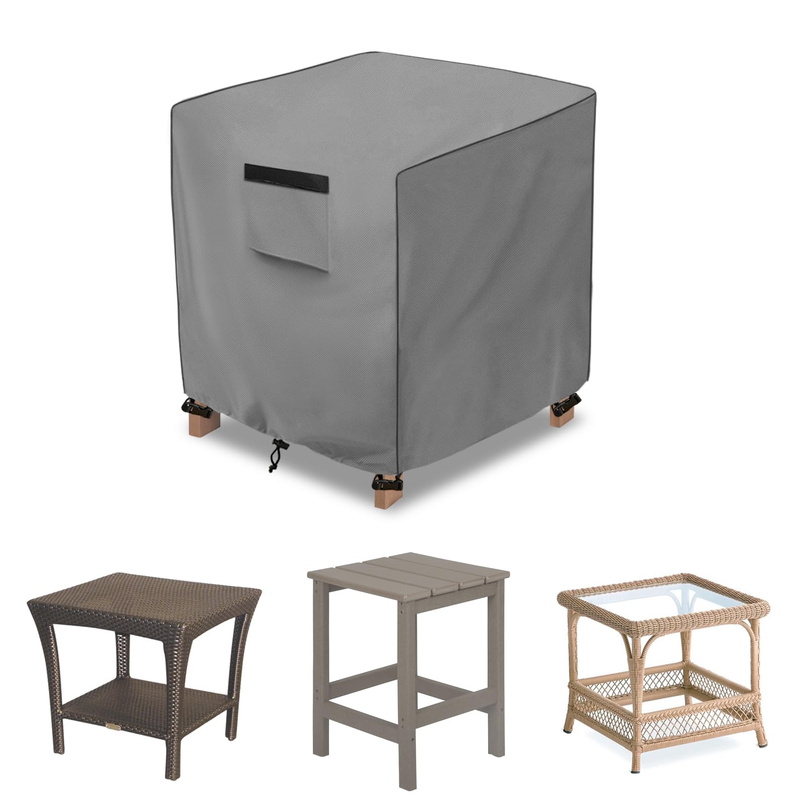 okcool front view of square side table cover protecting wicker table, shows full coverage and neat fit