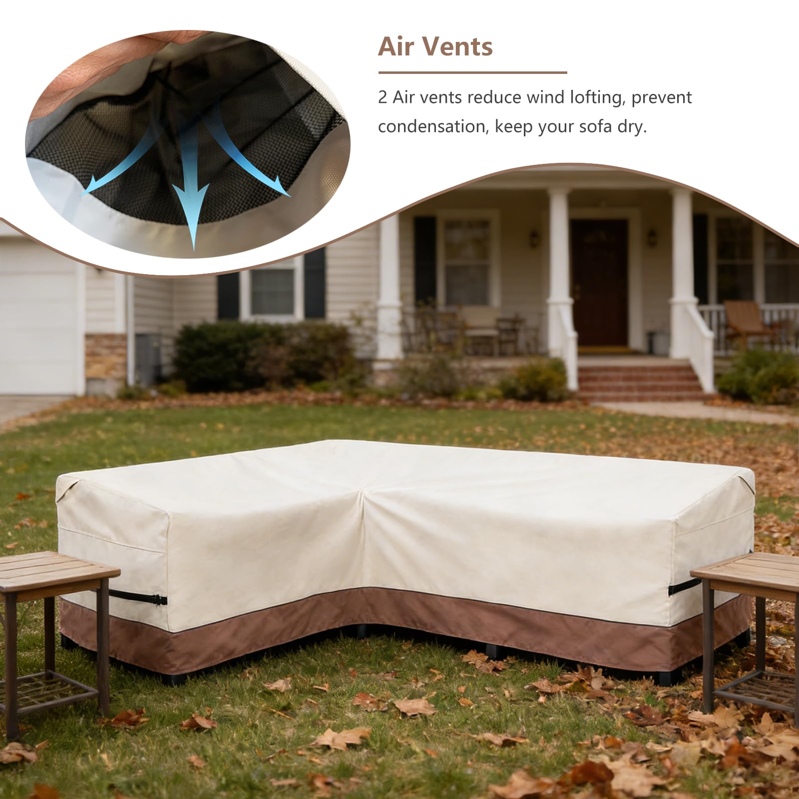 okcool full view of covered 6-seater L-shaped patio set demonstrating complete coverage