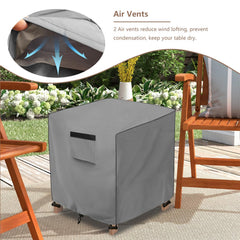 okcool side view showing snap straps and drawstrings secured to table legs for wind protection