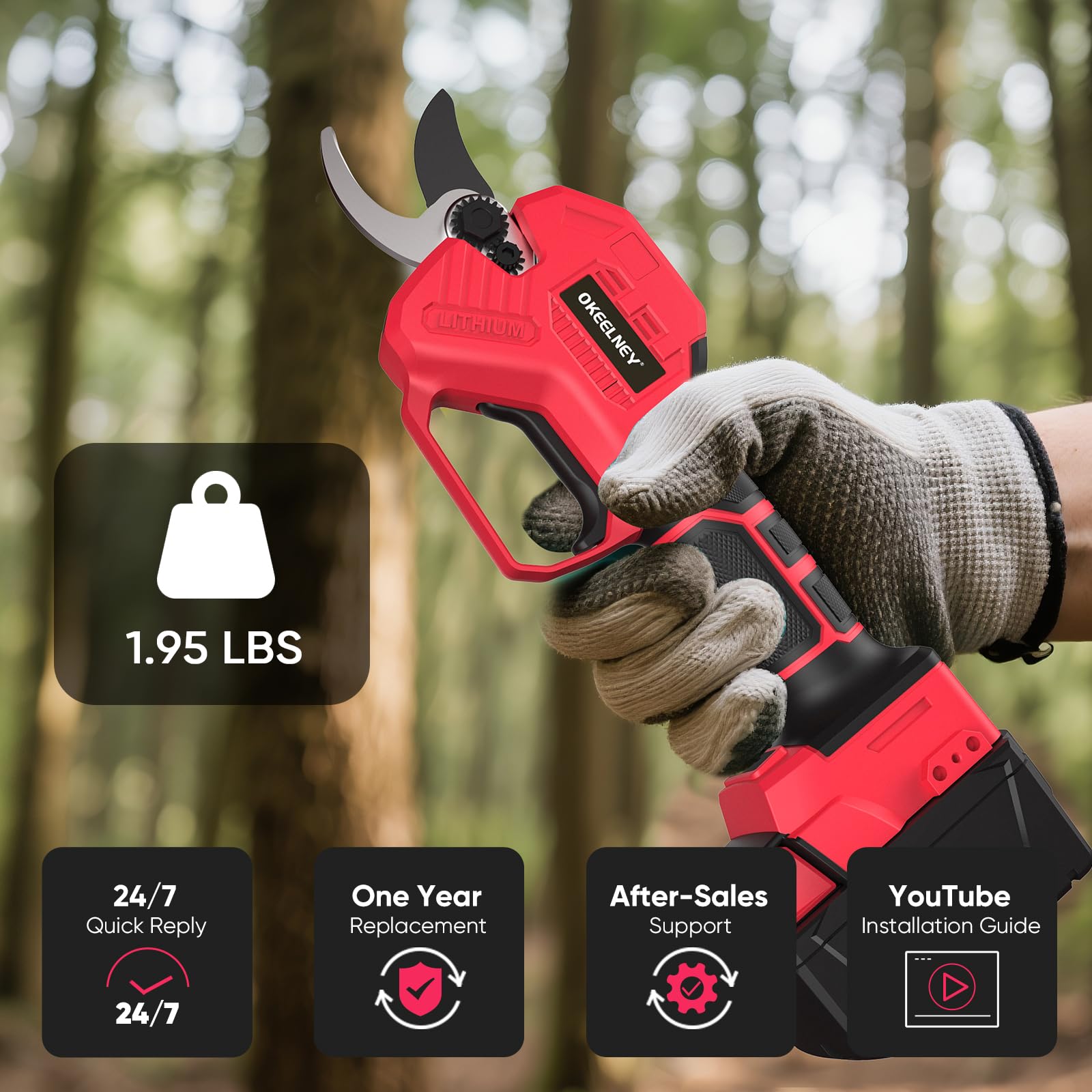 Okeelney pruning shears cutting a woody branch cleanly and efficiently