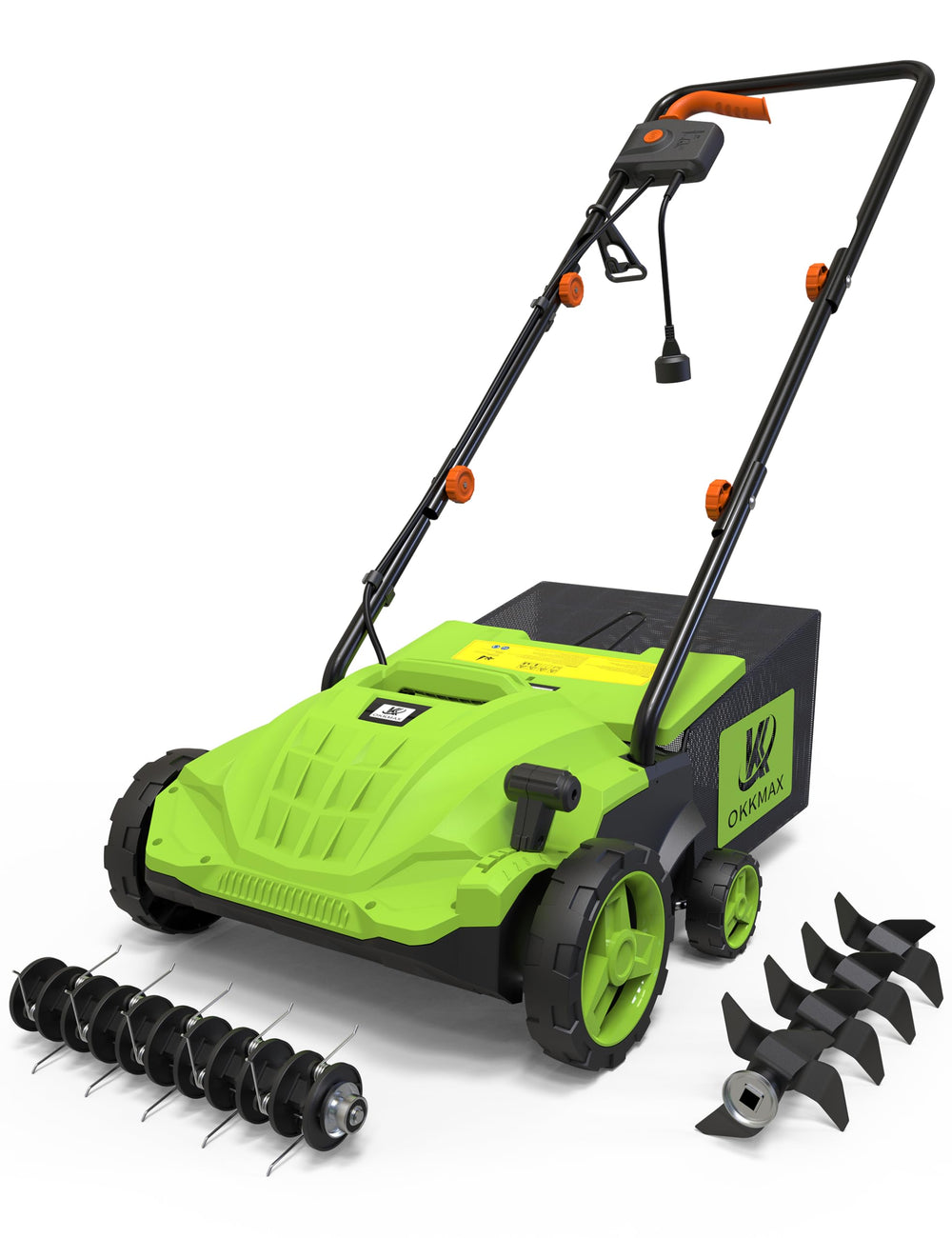 OKKMAX front view showing compact 13-inch dethatcher for easy handling