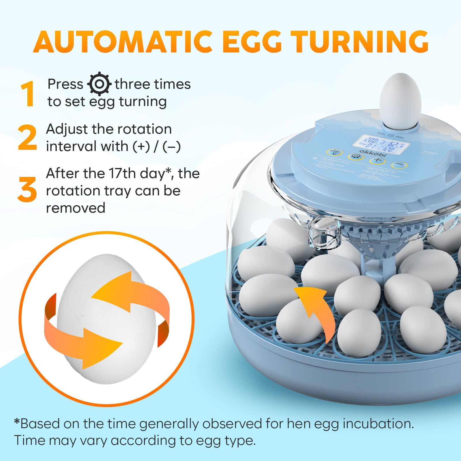 OKKÖBI gentle automatic turning mechanism close-up, promotes even embryo development