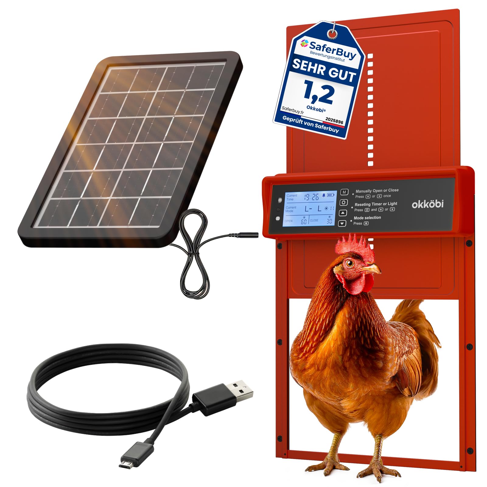 OKKÖBI front panel view showing door and mounting for secure coop access