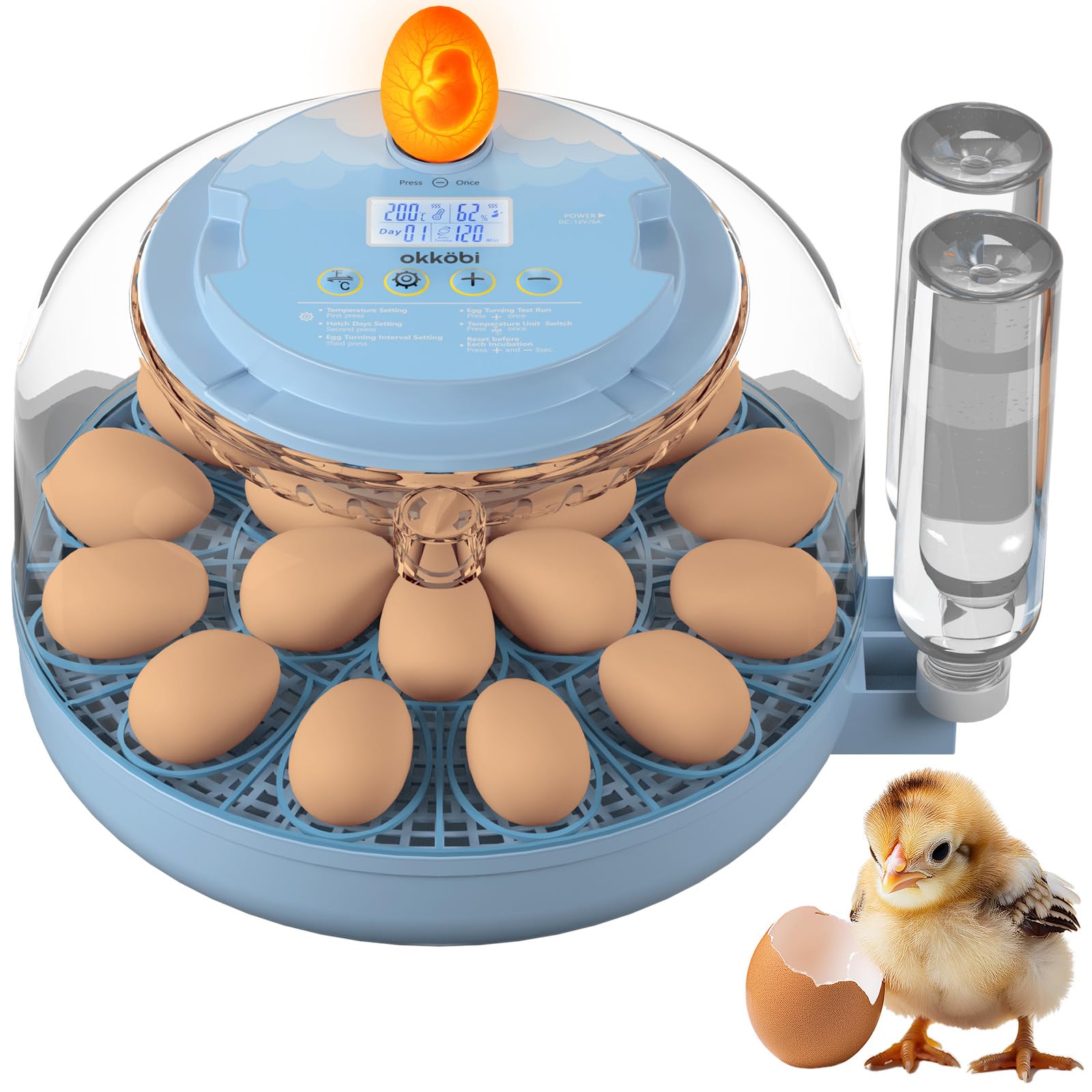 OKKÖBI incubator front view showing controls and clear dome, simplifies monitoring