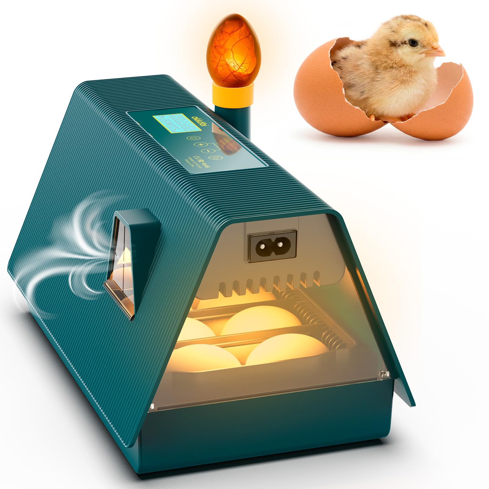 OKKÖBI M10 front view showing compact incubator and green yellow finish, ideal for small hatches