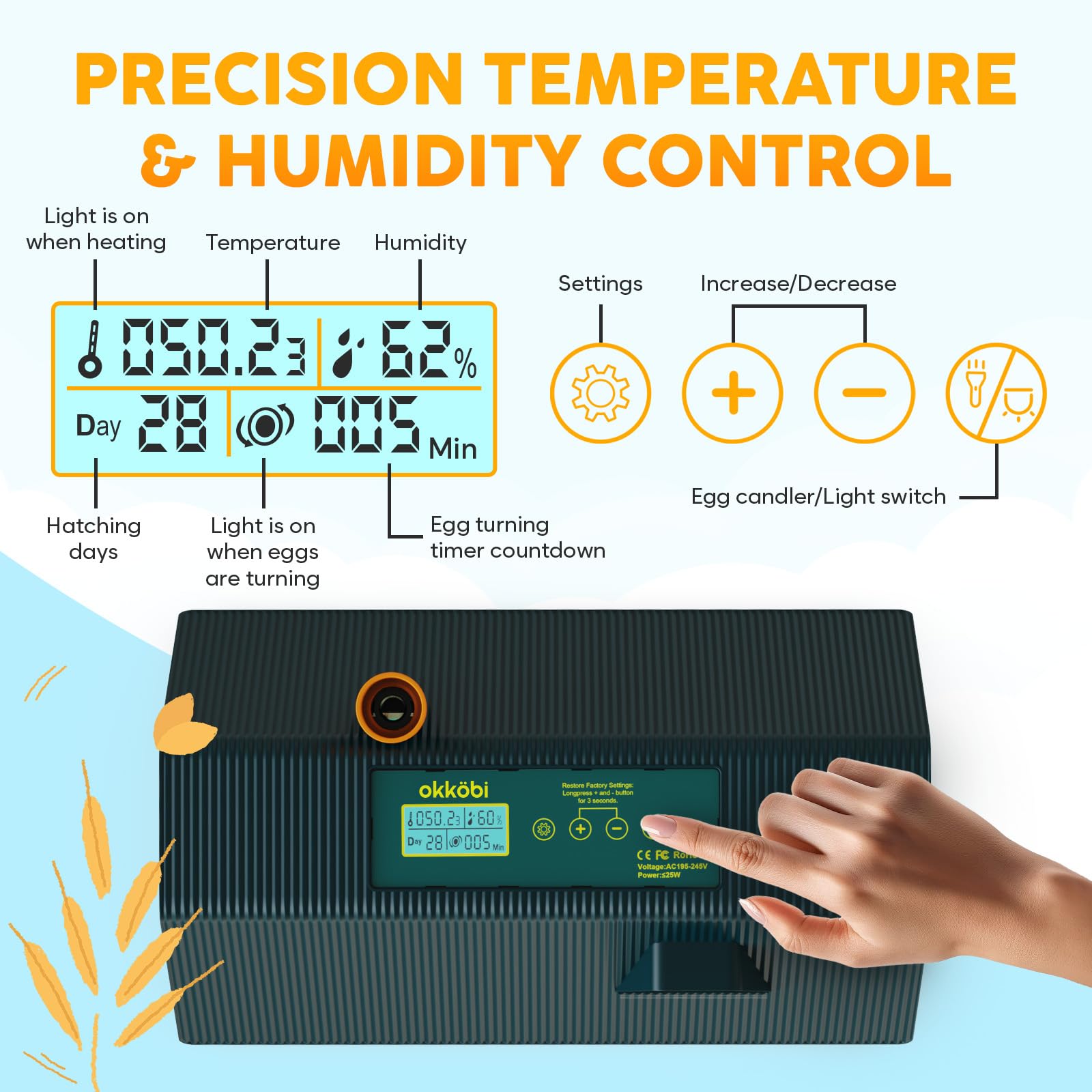 OKKÖBI M10 clear lid detail highlighting visibility for safe egg observation