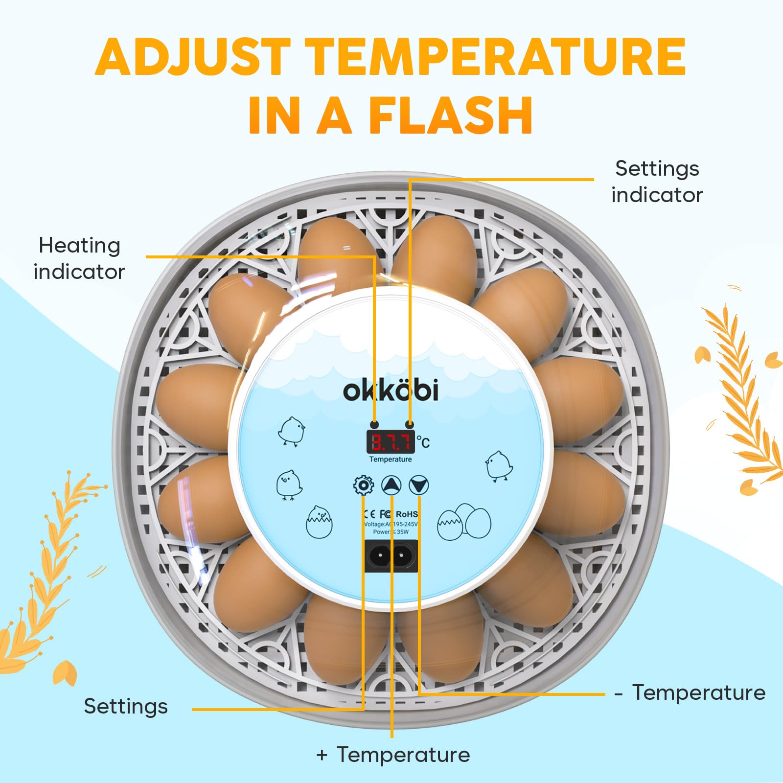 OKKÖBI control panel close-up with temperature display and buttons