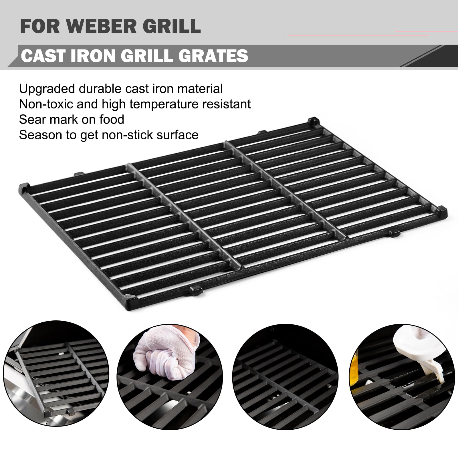 Oklagarden grates installed on Weber Spirit demonstrating fit and cooking consistency