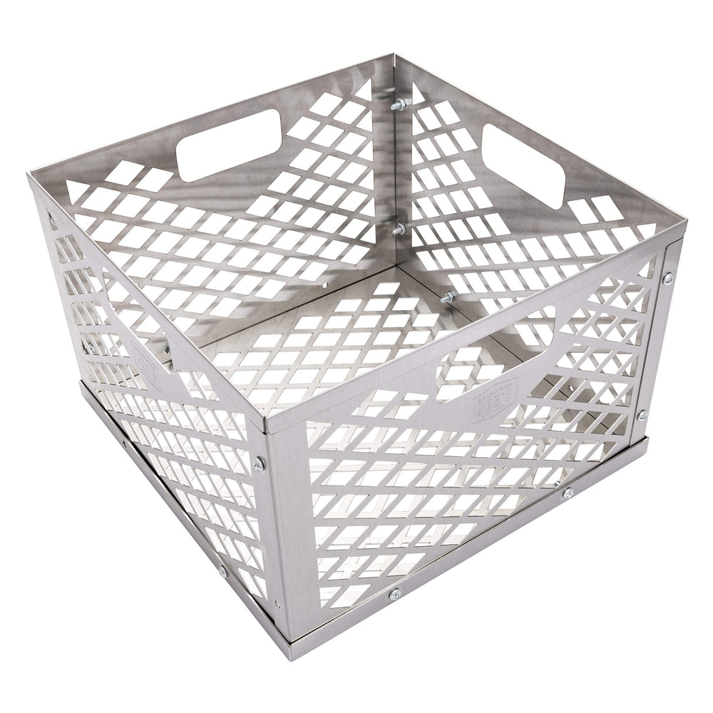 Oklahoma Joe's front view of basket showing square stainless design for even burning