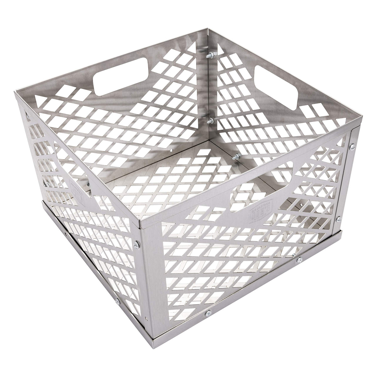 Oklahoma Joe's front view of basket showing square stainless design for even burning