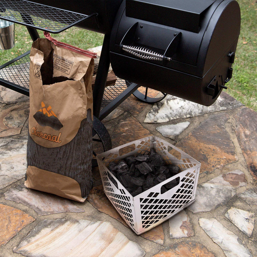 Oklahoma Joe's basket installed in firebox providing stable consistent heat
