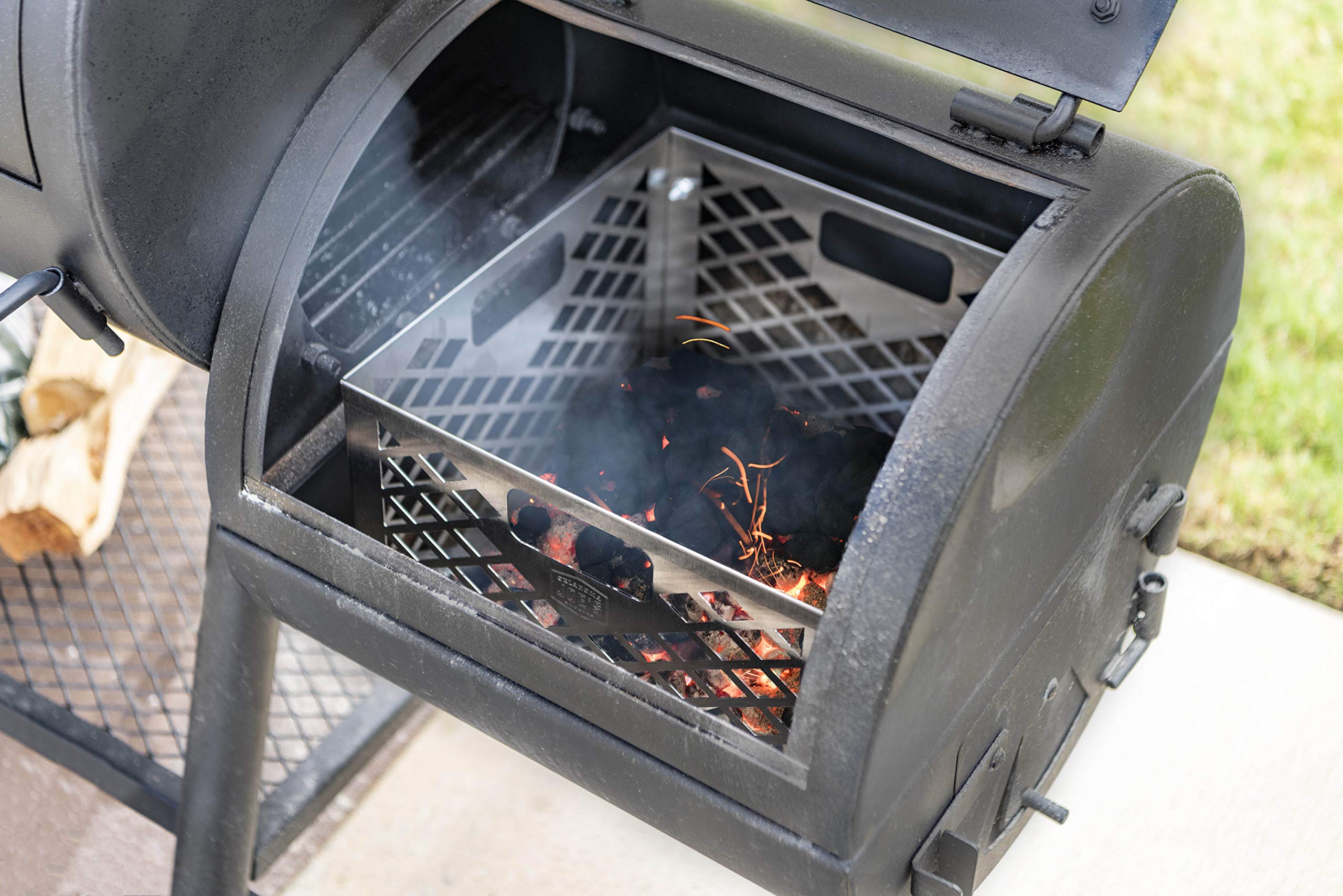 Oklahoma Joe's basket in backyard setup reducing refueling during long cooks