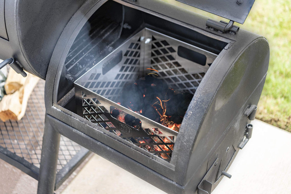 Oklahoma Joe's basket in backyard setup reducing refueling during long cooks