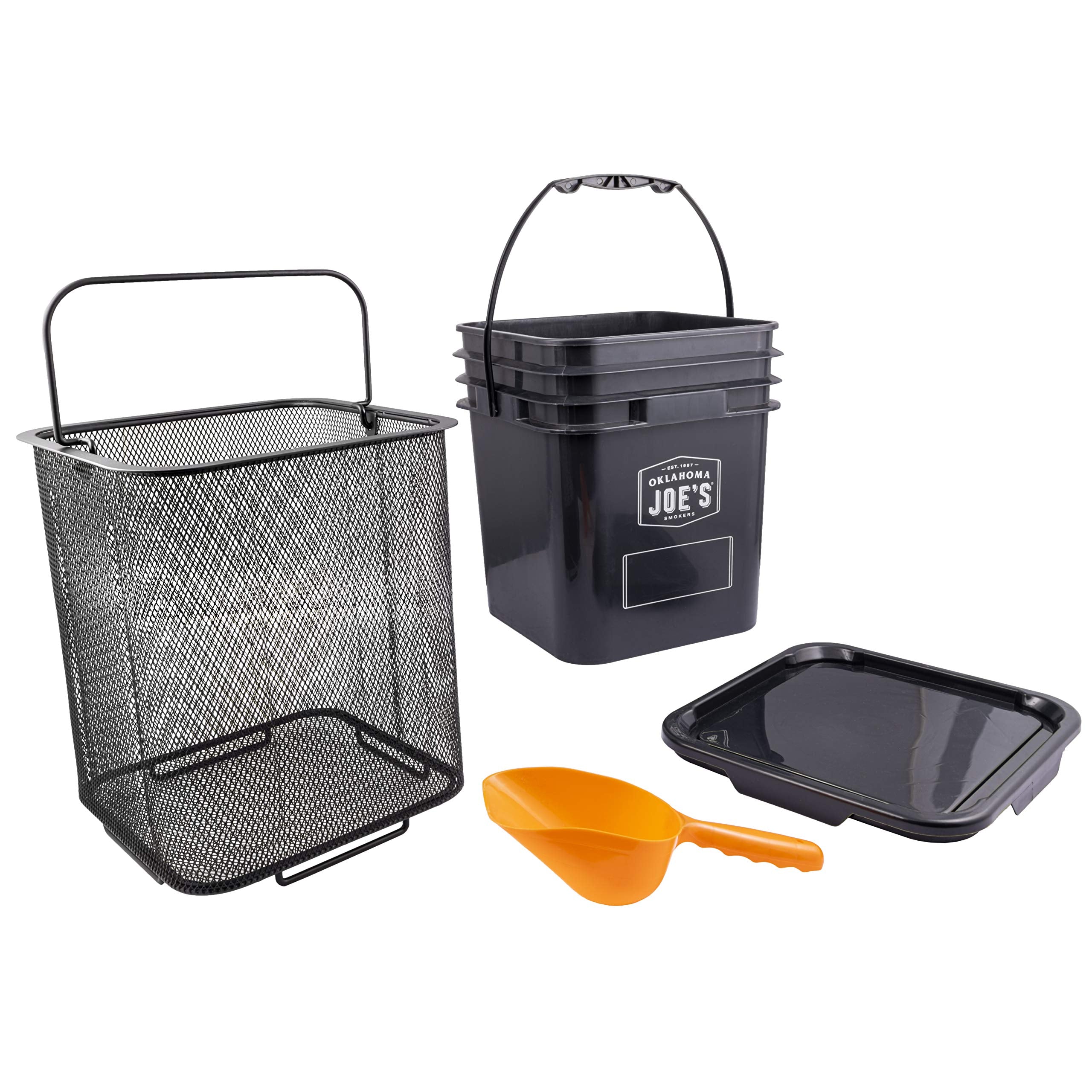 Oklahoma Joe's front view pellet bucket showing airtight lid and storage benefit