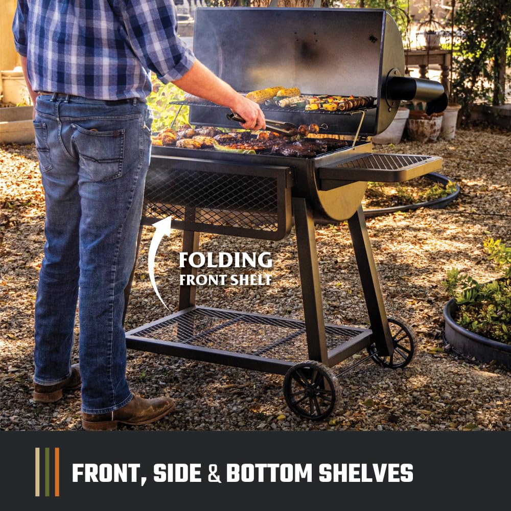 Oklahoma Joe's grill with food on grates showing authentic charcoal flavor benefit