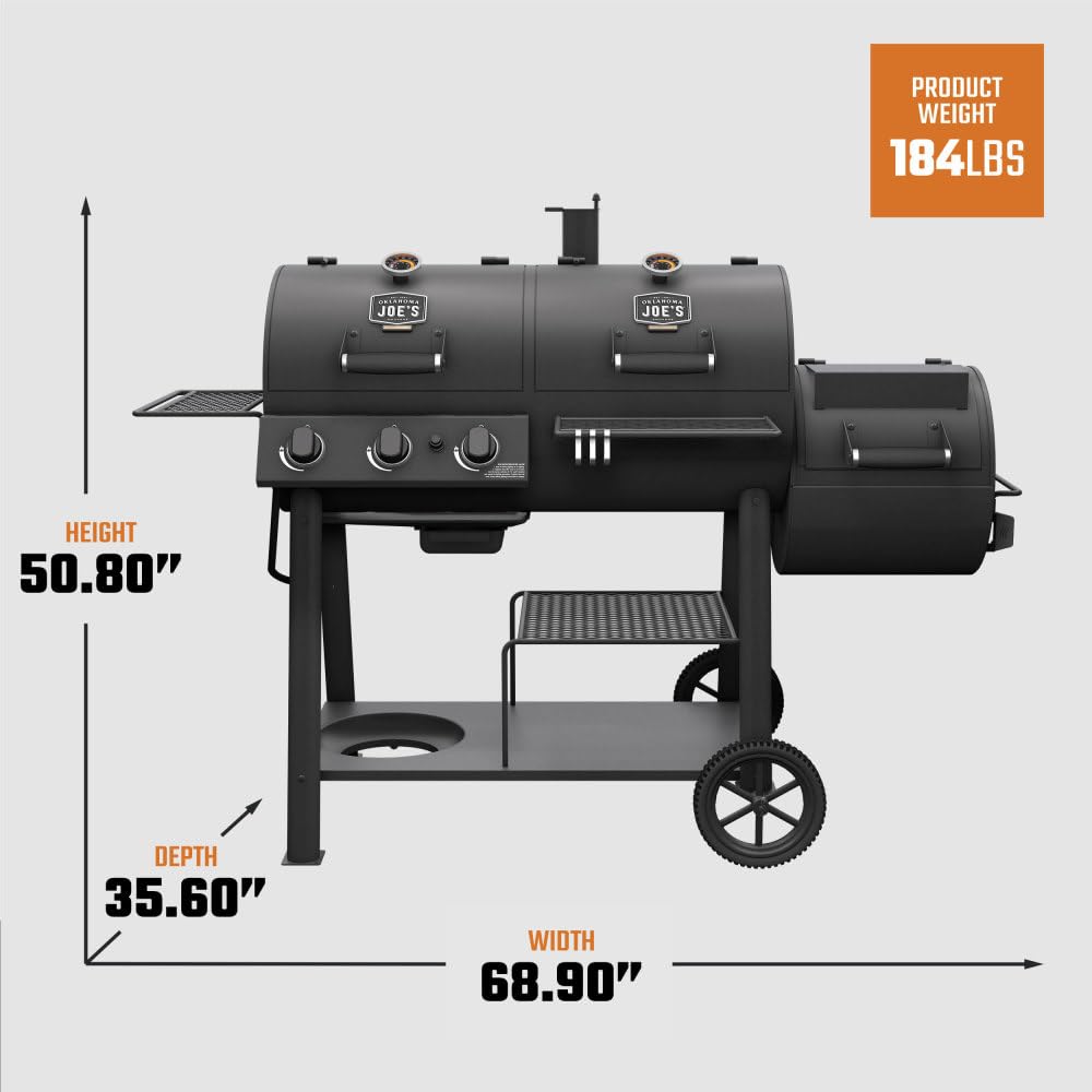 Oklahoma Joe's grilling in backyard with food on grates for crowd-ready capacity