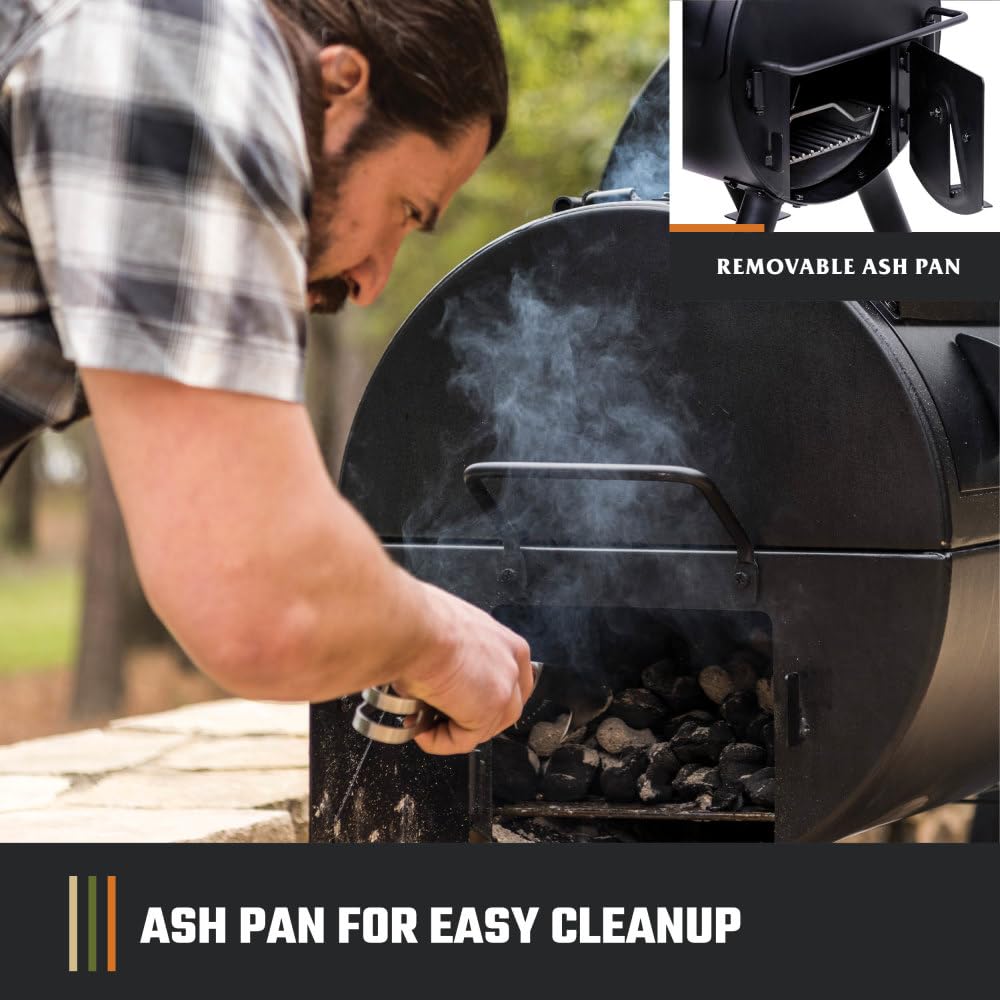 Oklahoma Joe's removable ash pan pulled out for fast, simple cleanup