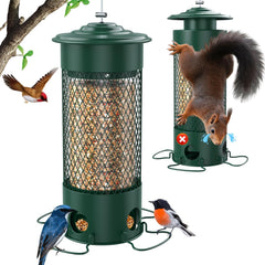 Olaiti feeder front view showing green powder-coated finish and perches, durable protection