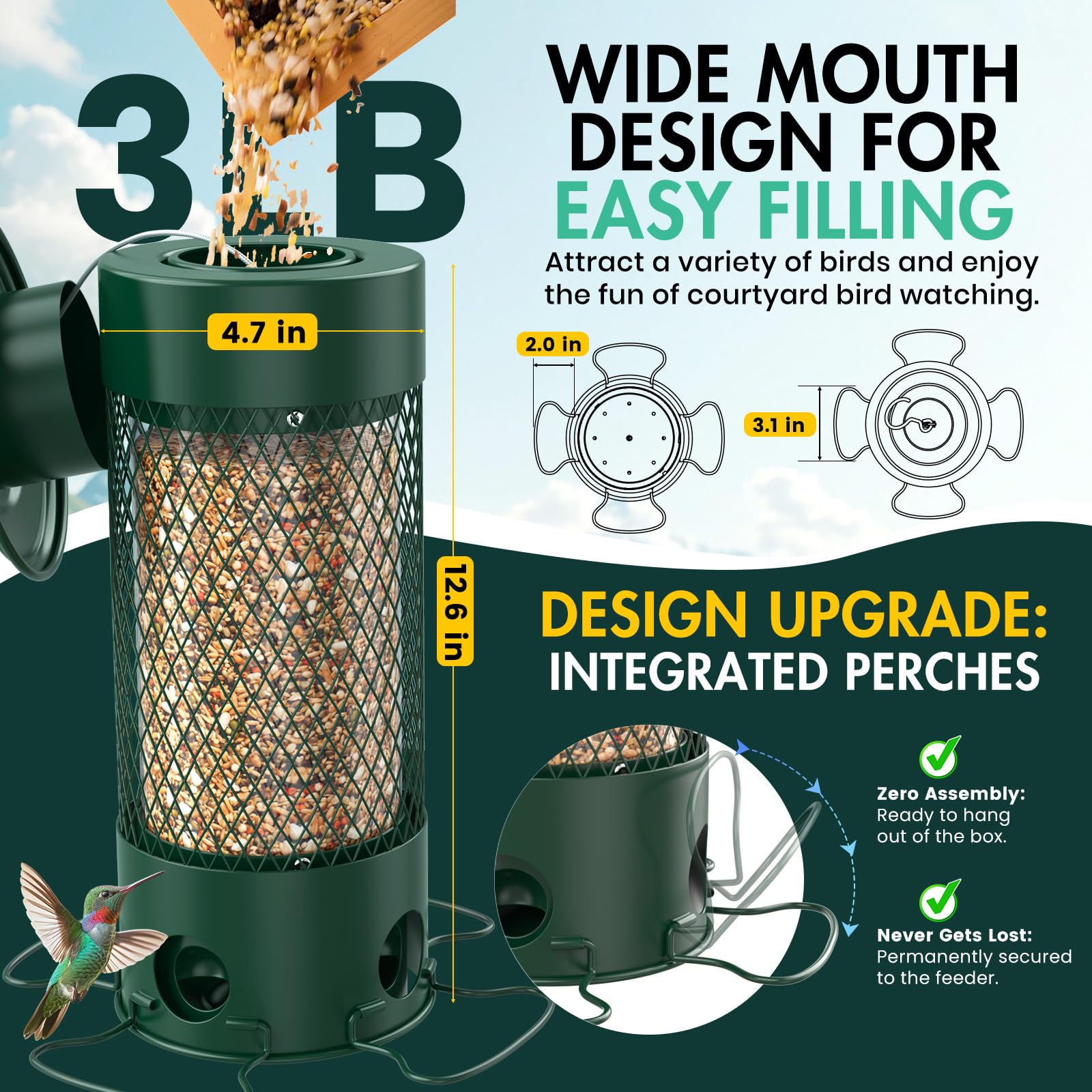Olaiti feeder with four perches in use, allowing multiple birds to feed comfortably