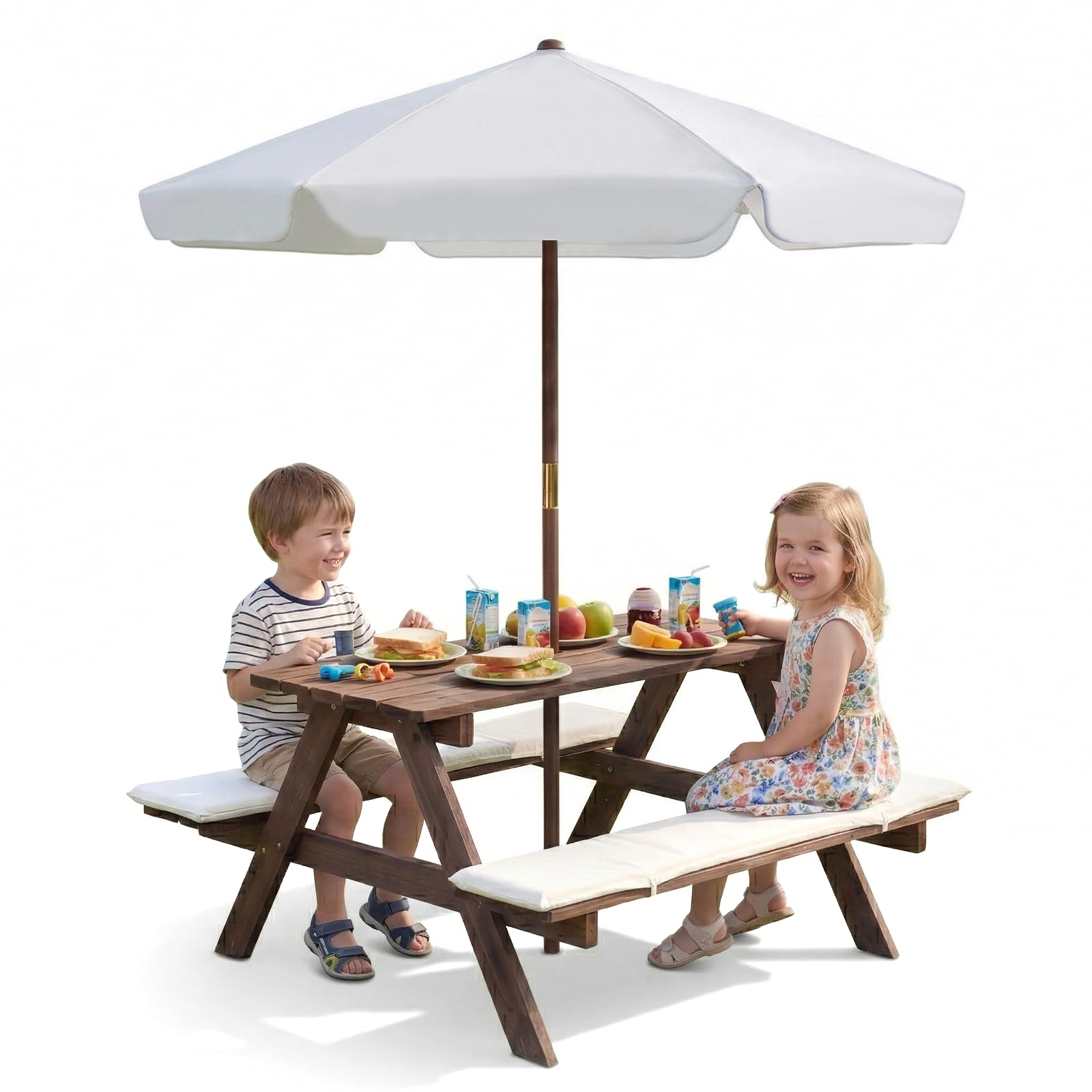 Olakids front view picnic table set showing complete assembled unit and shade
