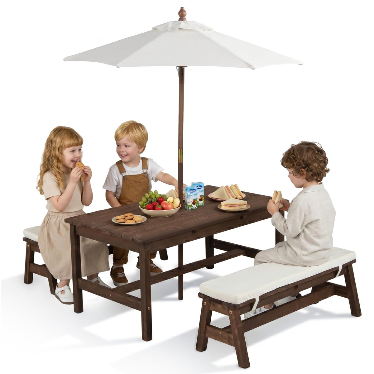 Olakids front view table with umbrella showing family-friendly design and shade benefit