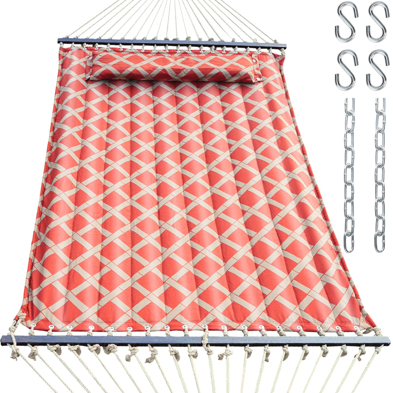OLALACOZY front view of 13ft double hammock showing roomy bed and open spreader bars for comfort