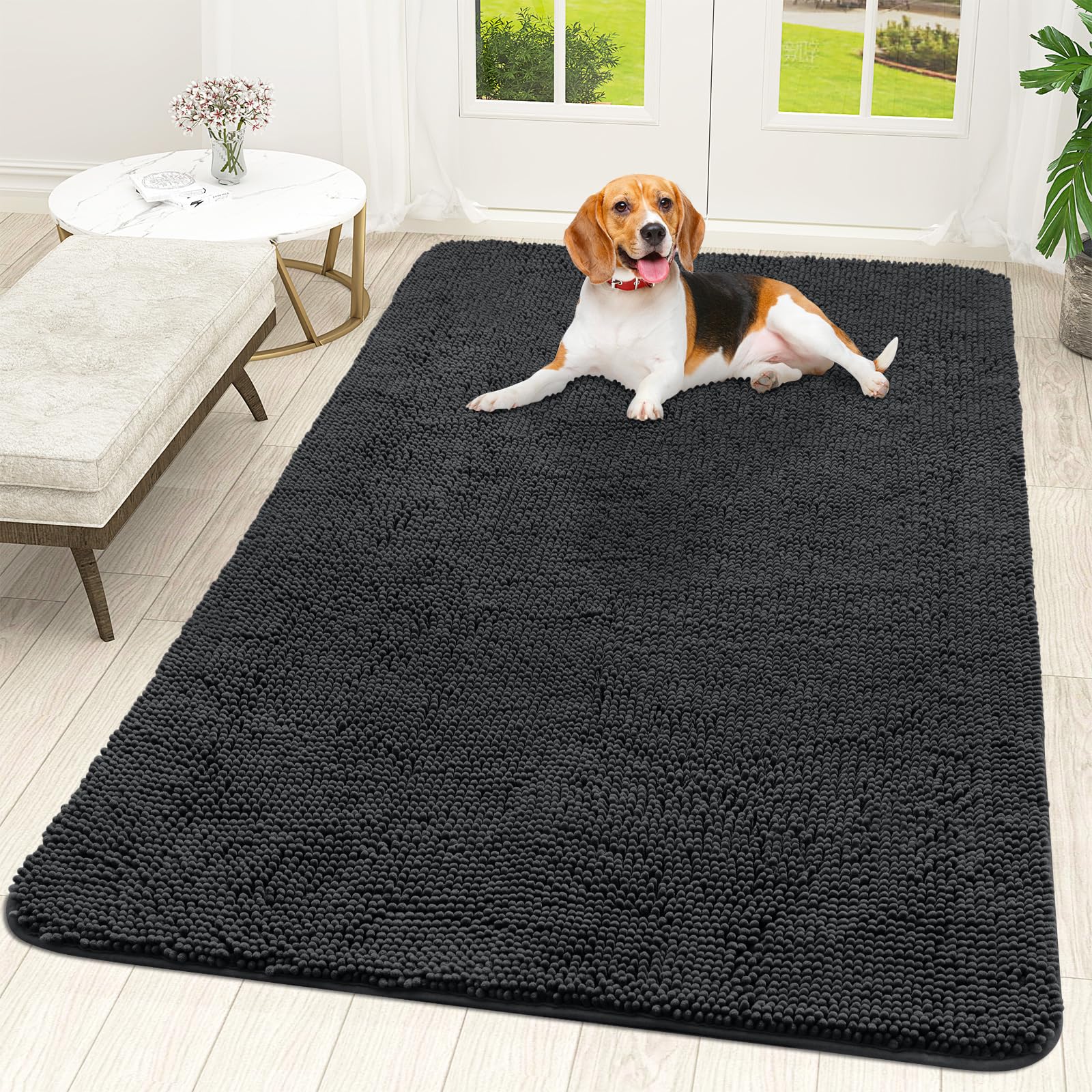 OLANLY front view of 59x35 dog door mat showing full design and absorbency