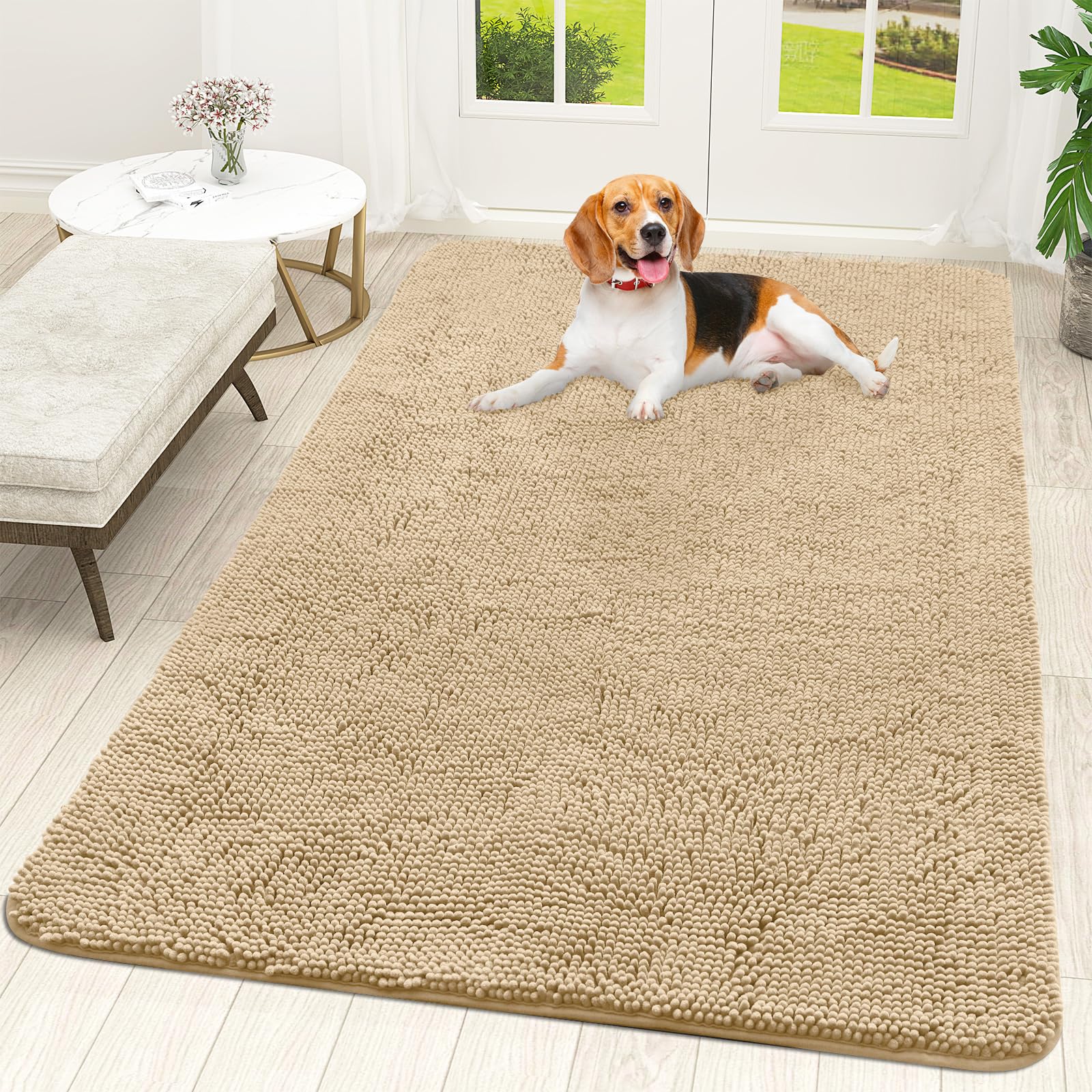 OLANLY front view of 59x35 mud mat showing absorbent chenille benefit
