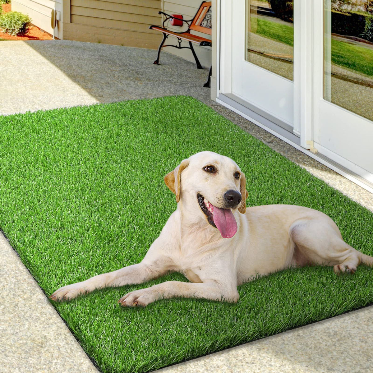 OLanto turf front view showing realistic green grass and neat edges, durable look