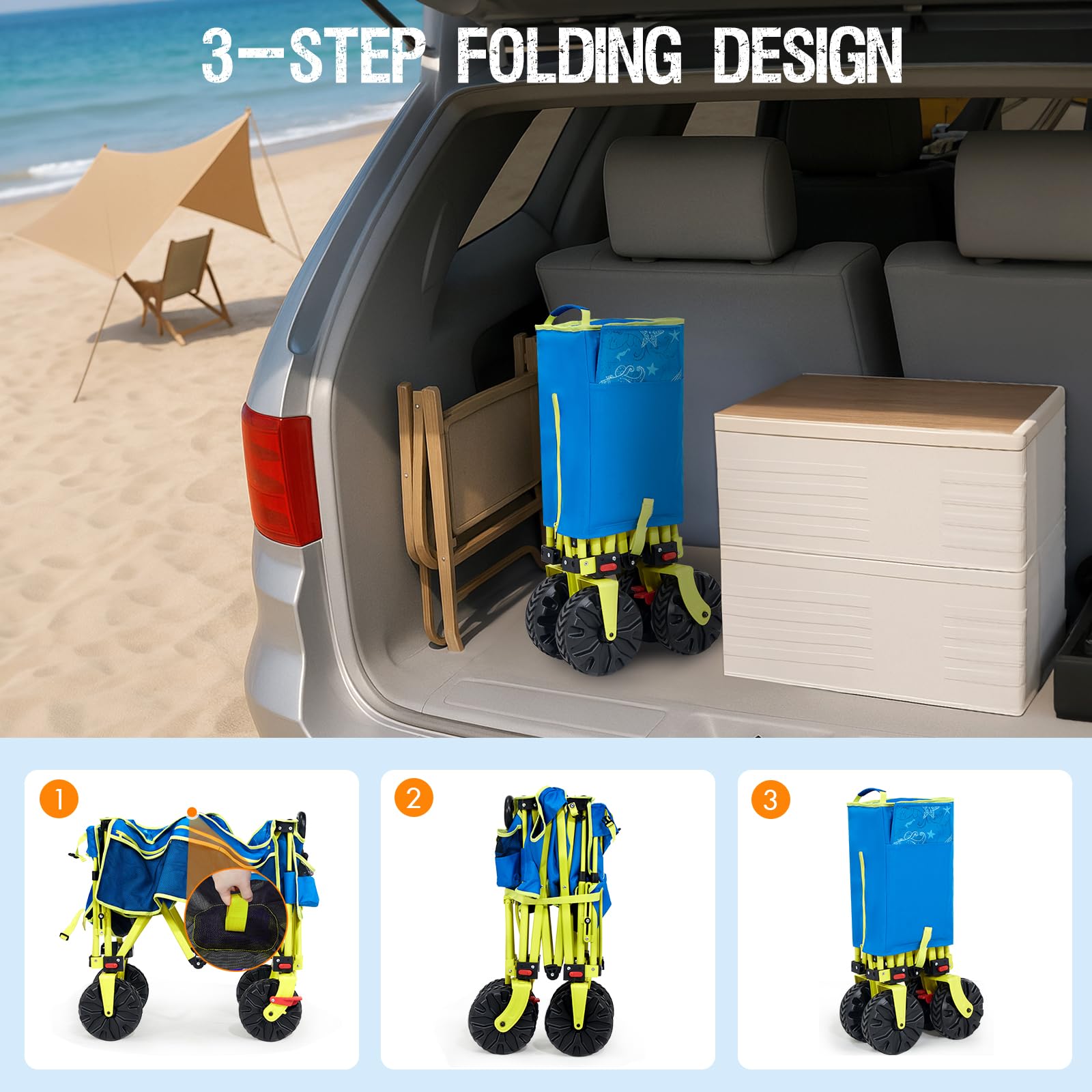 Old Bahama Bay collapsed wagon folded flat for compact trunk or closet storage