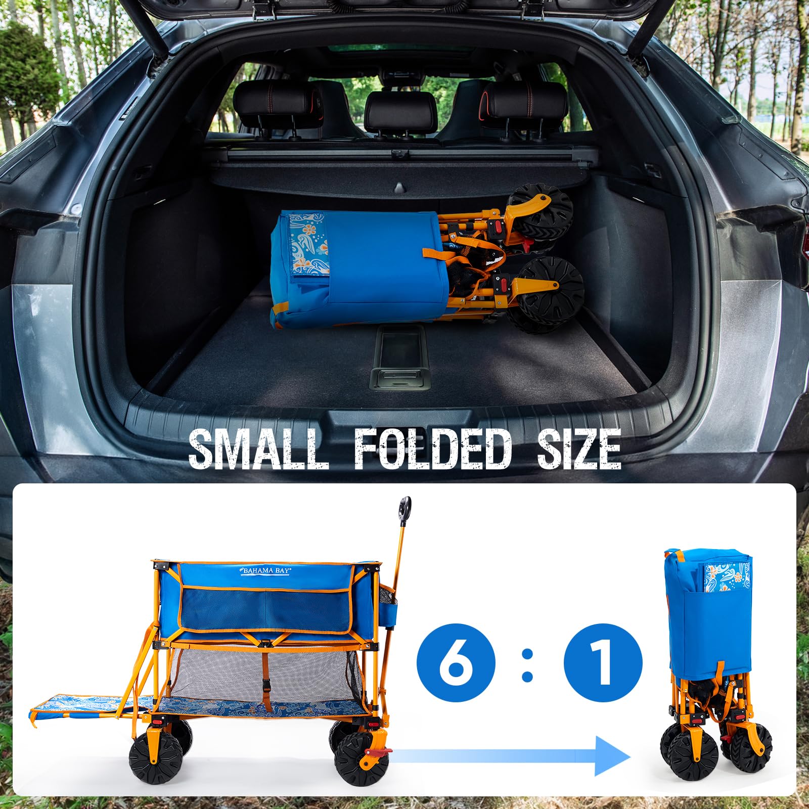 Old Bahama Bay folded compact wagon in trunk showing easy transport benefit