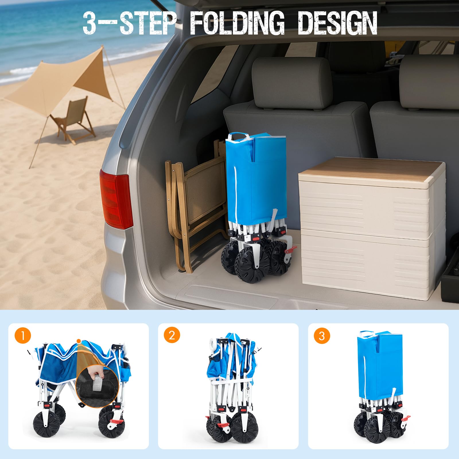 Old Bahama Bay folded wagon in car trunk for compact storage and easy transport