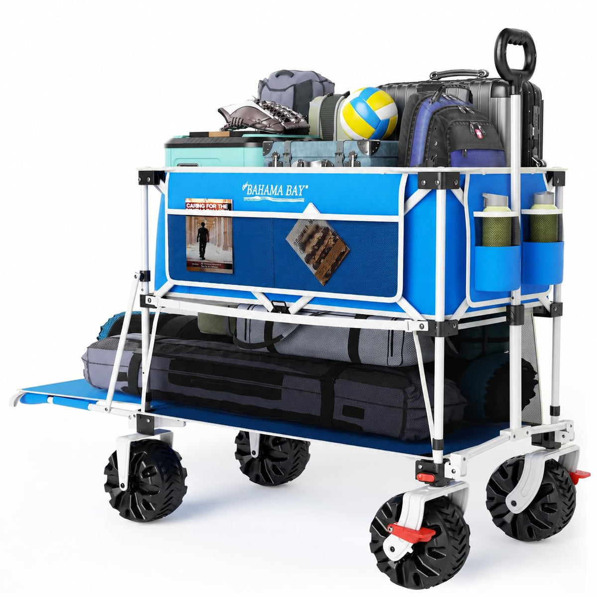 Old Bahama Bay front view of folded wagon, quick setup benefit