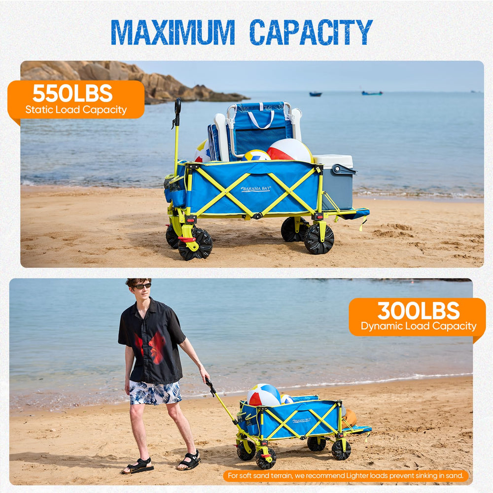 Old Bahama Bay loaded wagon pulled on sand at the beach for family outings