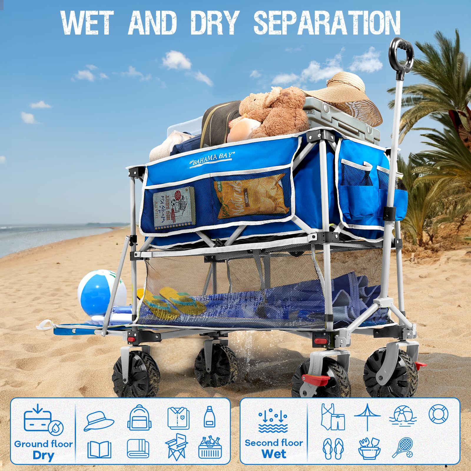 Old Bahama Bay family using wagon at beach, faster gear movement