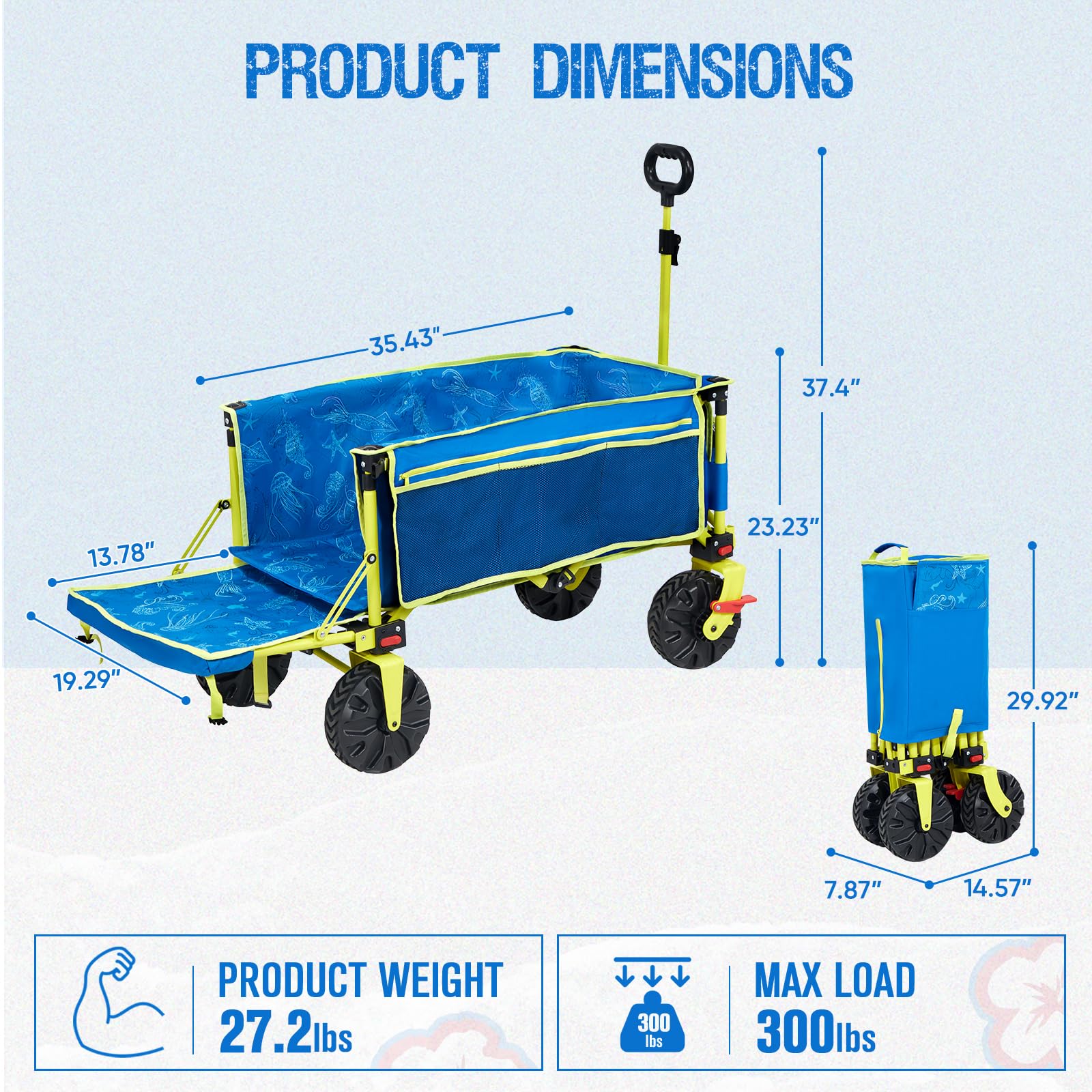 Old Bahama Bay wagon next to a large cooler showing scale and 300 lb capacity