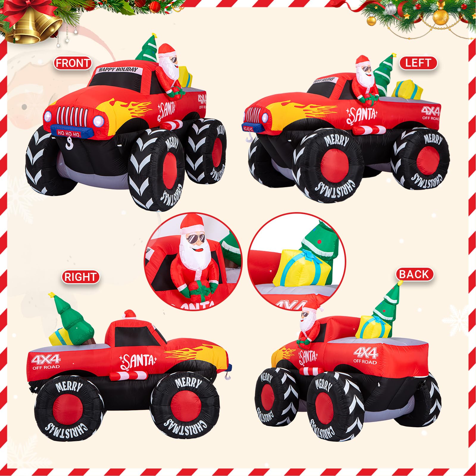 Oldplaykid Santa monster truck fabric closeup showing durable waterproof stitching