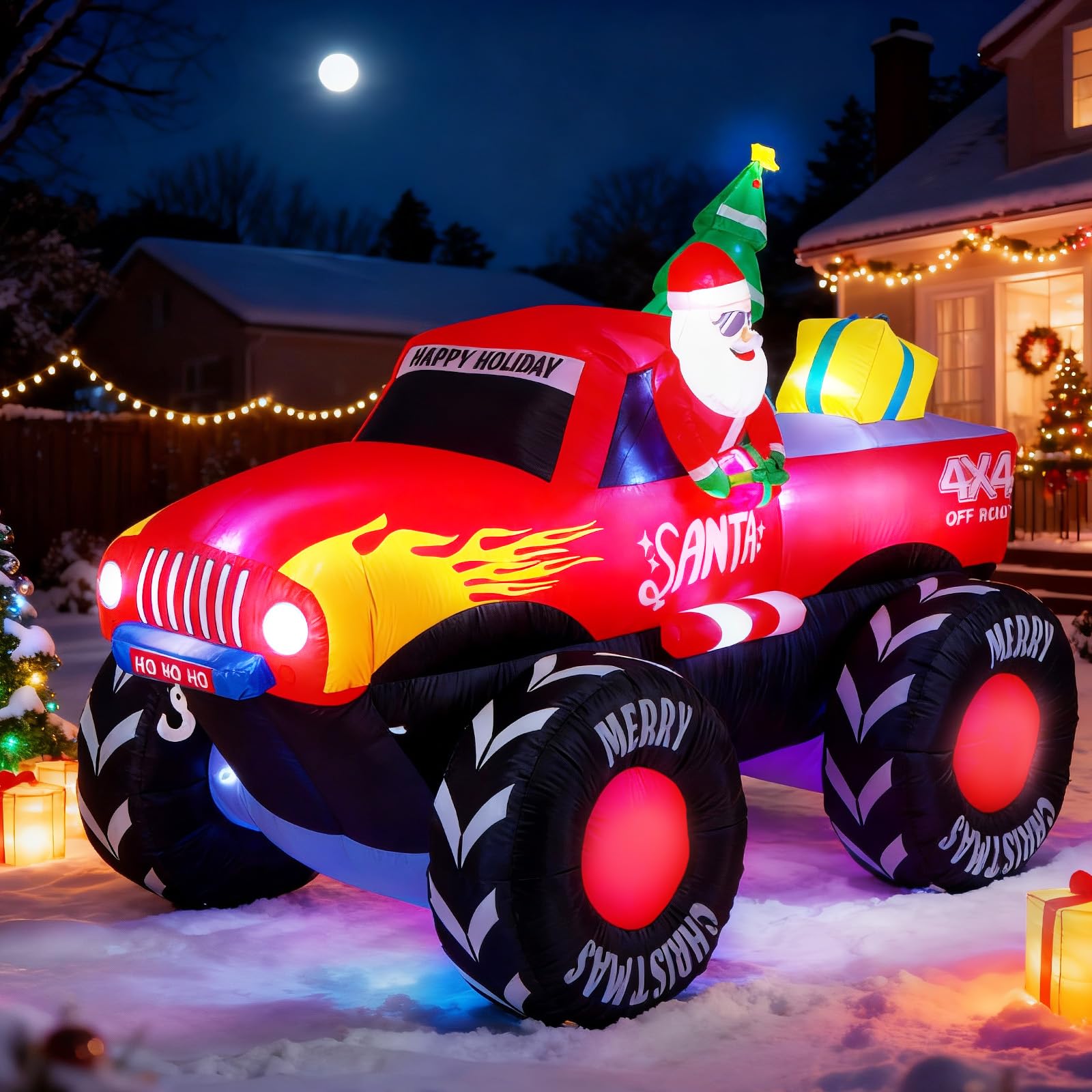 Oldplaykid Santa monster truck front view showing festive presence and curb appeal