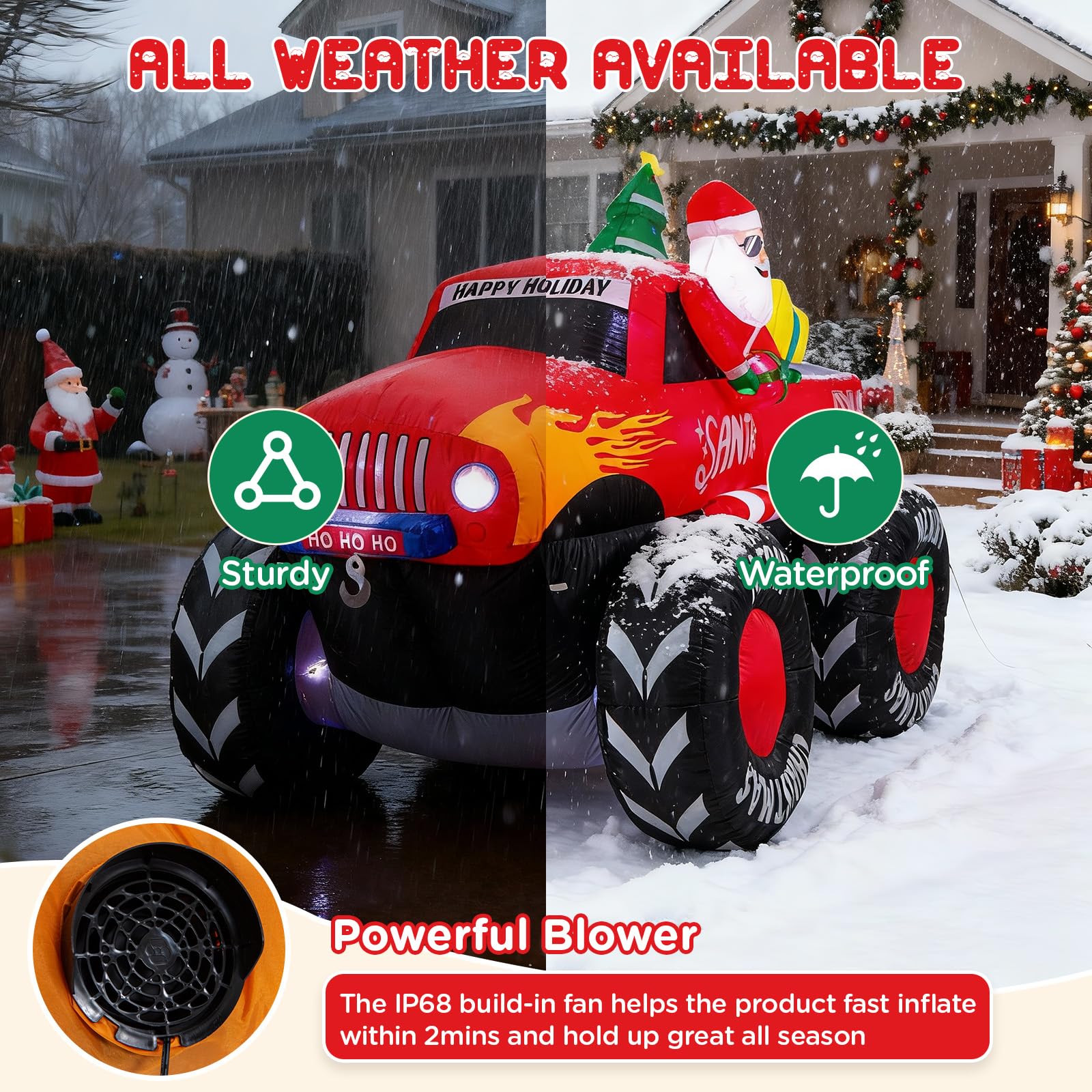 Oldplaykid Santa monster truck installed in yard creating joyful holiday atmosphere