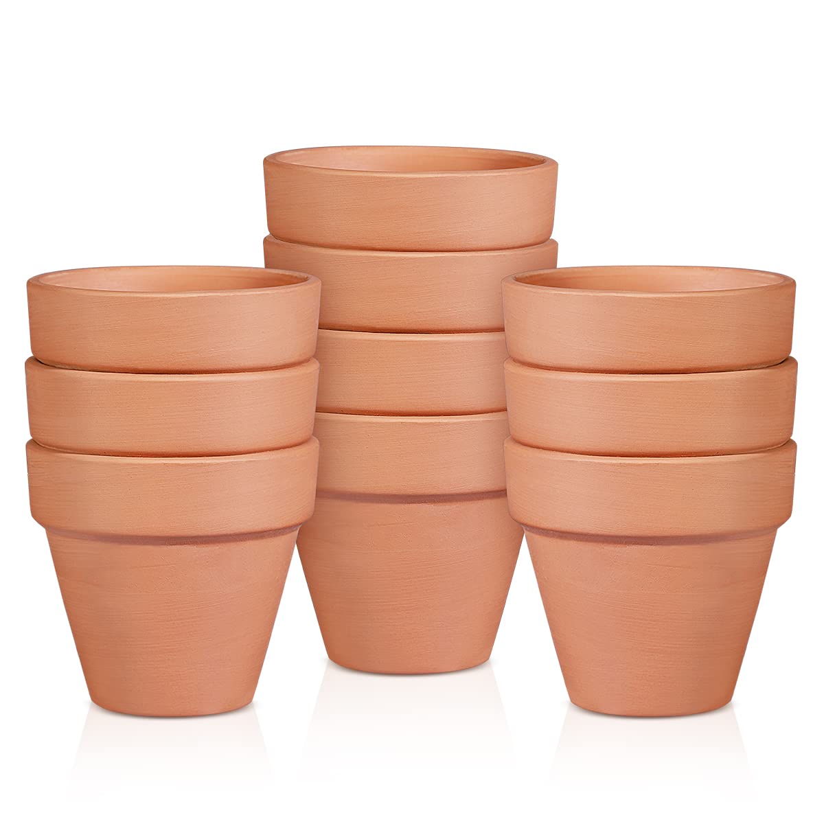 OLEEP front view of ten terracotta pots showing consistent sizing and natural finish