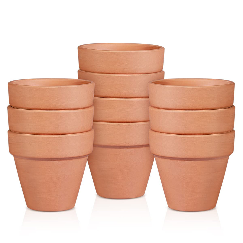OLEEP front view of ten terracotta pots showing consistent sizing and natural finish