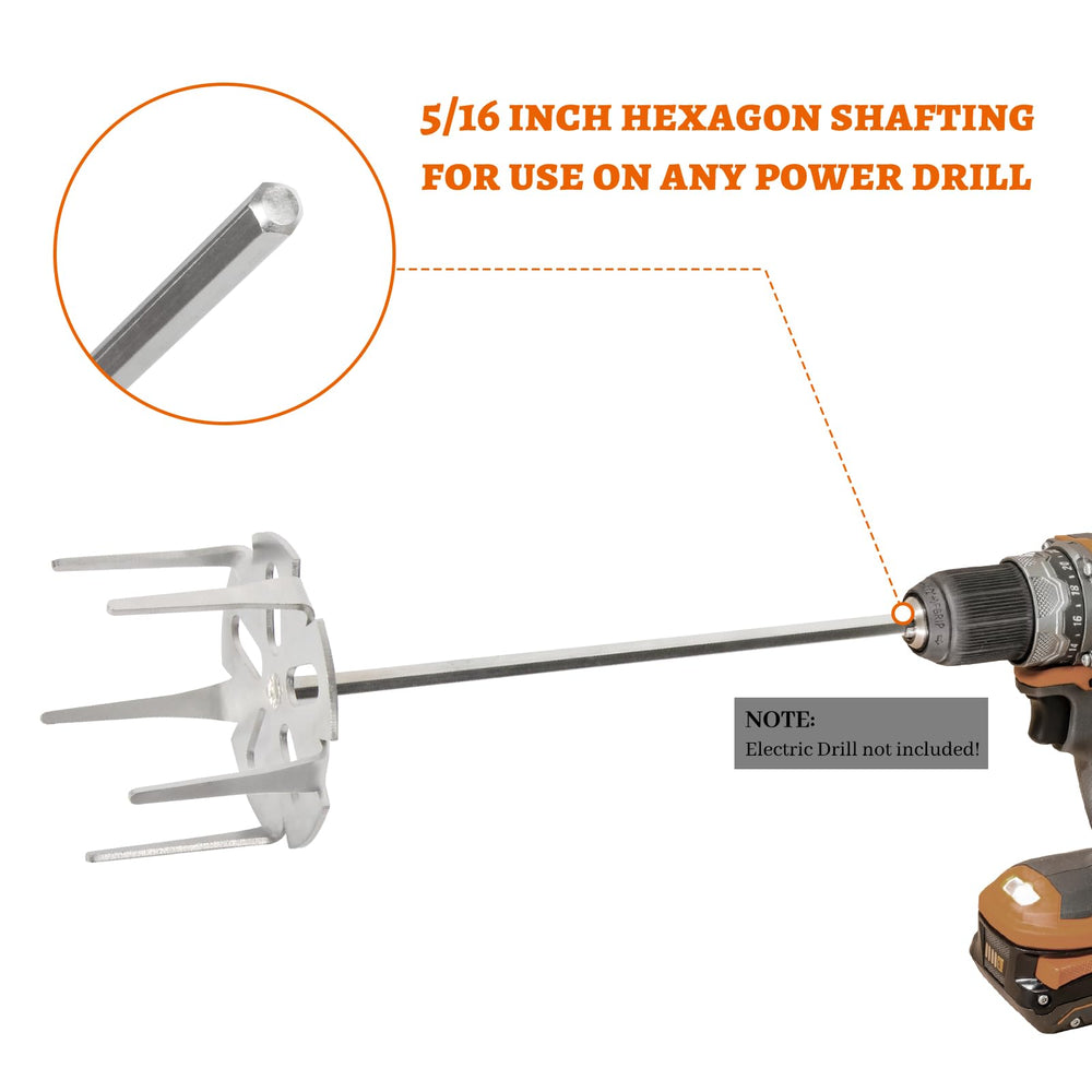 OLIGAI hex shaft close-up demonstrating 5/16 inch fit for standard drills and stability