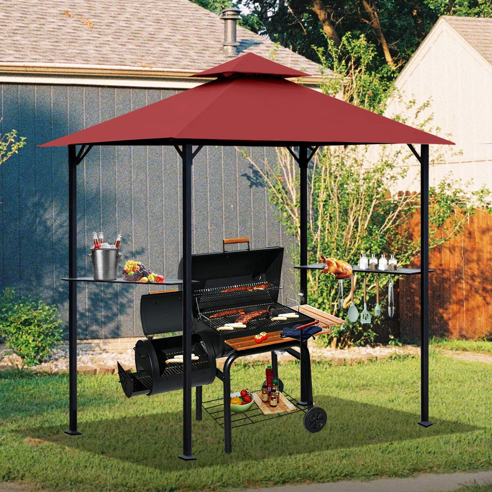 OLILAWN canopy next to grill for size scale and fit confirmation