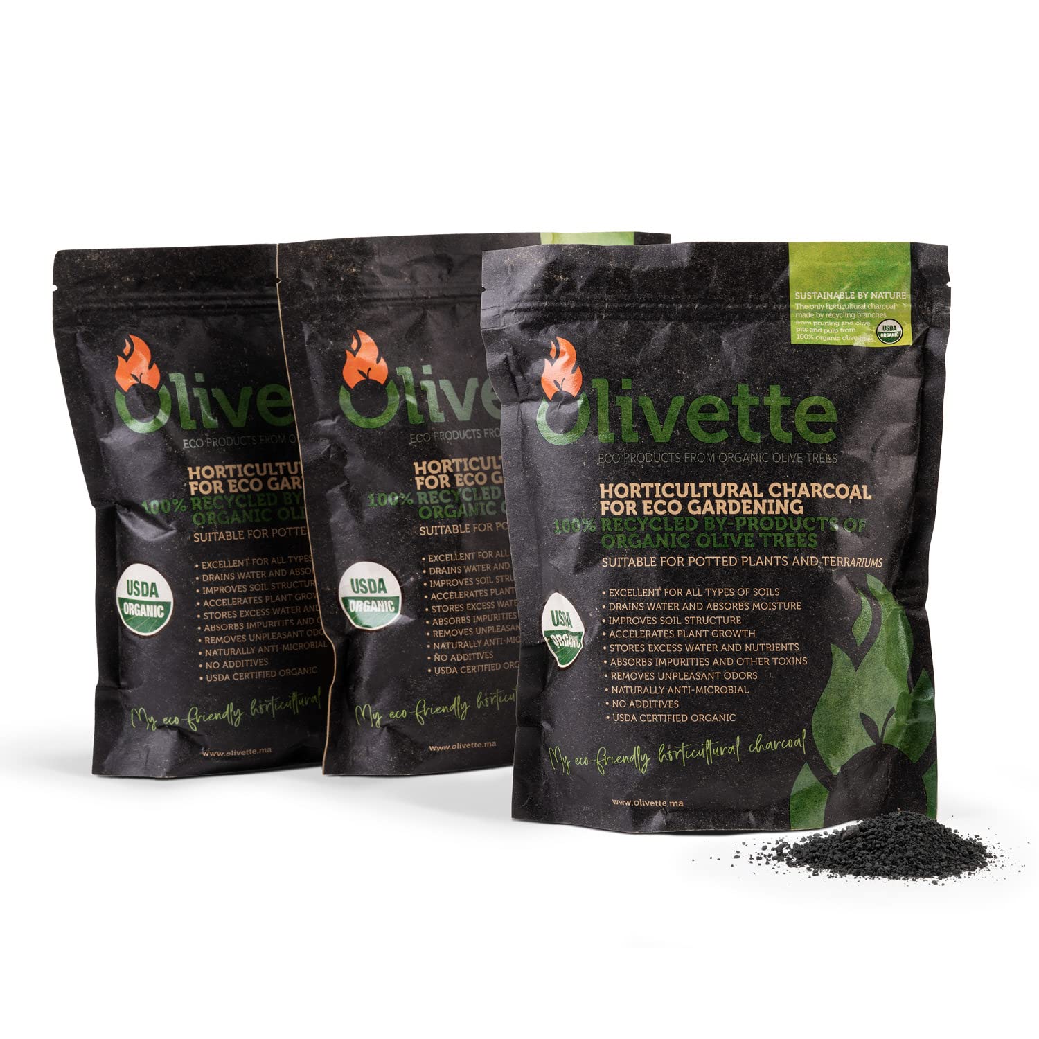 Olivette front packaging showing three organic biochar bags and benefits